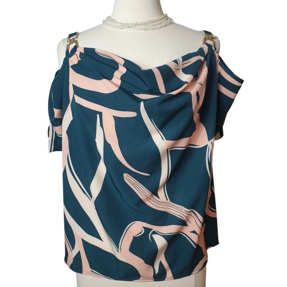 Emery Rose Womens Cold Shoulder Blouse L Gold Hooks Abstract Green & Peach Luxe